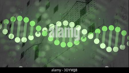 Displaying horizontal DNA helix graphic stretching across blueprint, with green bokeh marks Stock Photo