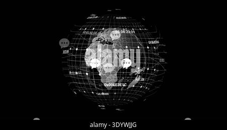 Rotating central wireframe globe showing Africa or Europe overlay in virtual network, with chat node Stock Photo