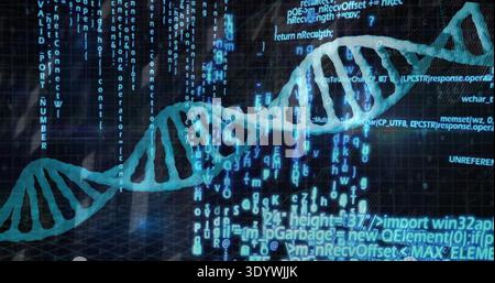 Stretching teal DNA helix glowing diagonally over tiled grid, showing cascading code streams Stock Photo