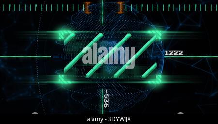 Displaying holographic frame in HUD with three diagonal bars over dotted globe values 1222-536 Stock Photo