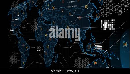 Displaying digital world map overlay on wide dashboard showing hexes colored nodes connecting lines Stock Photo