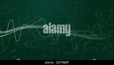 Displaying white and light-gray waveform ribbons flowing across dark green grid, with molecules Stock Photo