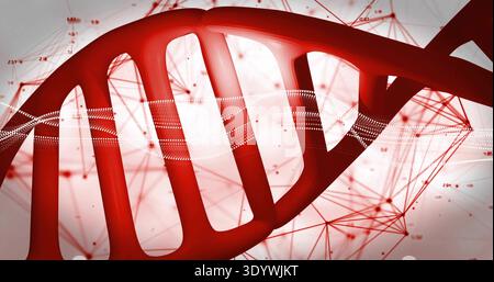Displaying red DNA helix spanning frame in abstract lab visualization, with dotted data waveform Stock Photo