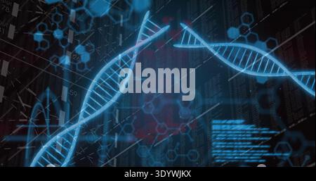 Showing glowing blue DNA helix in research display, with code readouts, hex patterns, red markers Stock Photo