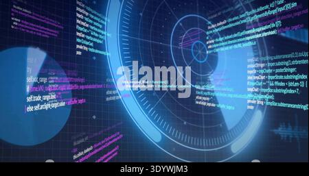 Displaying circular radar-style HUD centered in high-tech interface, showing glowing code overlays Stock Photo
