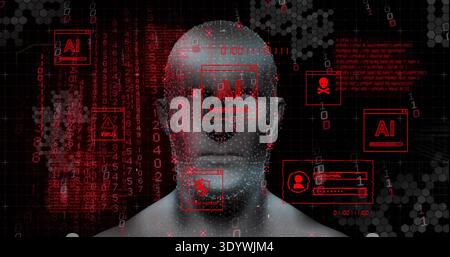 Displaying synthetic head emitting red UI overlays in virtual cyber network, with AI VIRUS icons Stock Photo