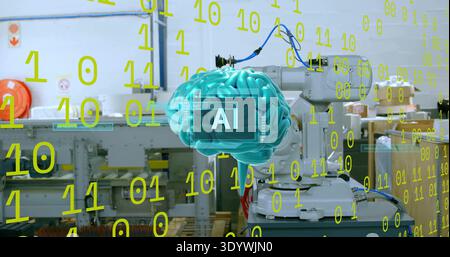 Floating teal 3D brain graphic labeled AI hovering over robotic arm in factory, with binary overlay Stock Photo