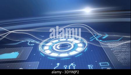 Projecting central HUD pulsing and scanning above grid plane, with waveform ribbon and data panels Stock Photo