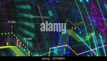 Displaying centered cluster of financial charts on trading dashboard, with candlestick bars Stock Photo