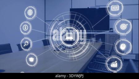 Projecting central digital interface hovering above boardroom table with laptop icon, black chairs Stock Photo