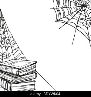 monochrome vector mystic theme illustration, witchcraft antique books, folios, spider web, corner composition. frame, template, magic equipment, black Stock Vector