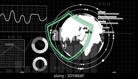 Displaying white globe centered on grid dashboard, overlaying neon green shield and binary code Stock Photo
