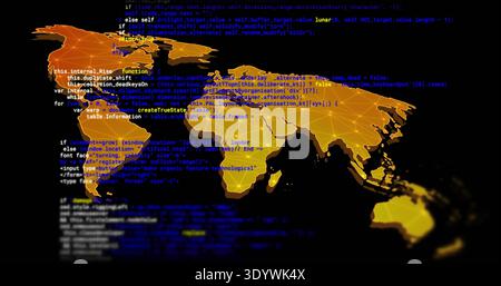 Displaying glowing gold orange world map on black canvas, showing code overlays and node markers Stock Photo