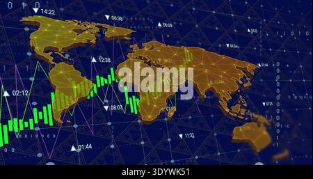 Displaying golden world map on dark blue grid, showing green candlesticks and time markers Stock Photo