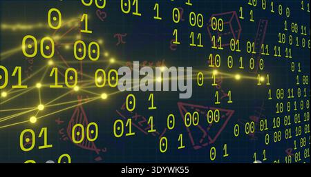 Streaming binary digits and glowing network nodes across dark teal grid, showing red-pink sketches Stock Photo
