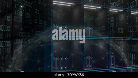 Showing central server racks projecting digital network globe over data center with LED lights Stock Photo