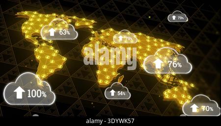 Displaying glowing node world map on dark triangular grid, showing cloud icons with percent labels Stock Photo