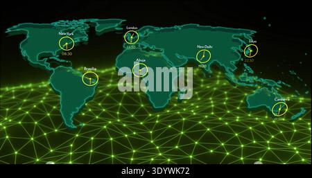 Showing centered stylized map featuring clock overlays on data dashboard with neon-green mesh plane Stock Photo