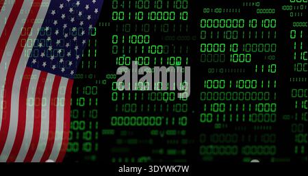 Displaying partial US flag overlaying green 0s and 1s columns on dark backdrop, copy space Stock Photo