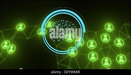Displaying central blue HUD showing neural brain network in dark network, with neon green nodes Stock Photo
