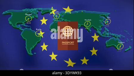 Displaying passport graphic over stylized green world map on digital infographic, showing clocks Stock Photo