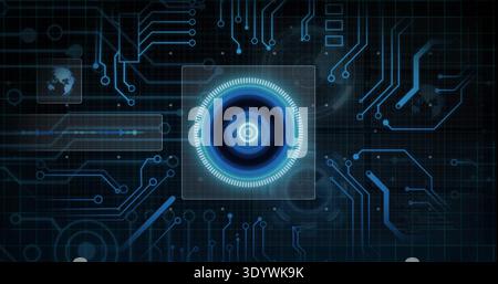 Pulsing central concentric HUD element floating on dark grid, with globe, waveform, circuit traces Stock Photo