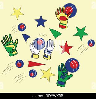 Goalkeeper Gloves and Soccer Ball Pattern – Colorful Sports Vector for Stationery on Yellow Background. Stock Vector