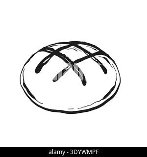 Hand drawn whimsical illustration of a round loaf of bread with crosshatch design on top Stock Vector