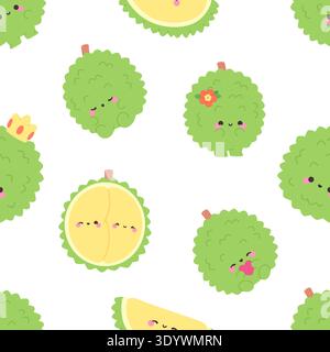 Durian fruits seamless pattern. Funny characters, durians in love, hold heart. Exotic asian cuisine fruit ingredient. Plant print for textile, vector Stock Vector
