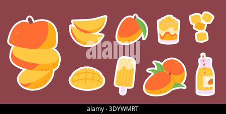 Mango sweets stickers. Juicy fruits, ice cream, milkshake and creamy dessert. Decorative labels, childish sticker for messenger or notebook, vector Stock Vector