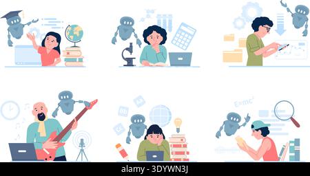 Ai in education concept. Artificial intelligence help people in work and creative processes, in research and coding. Modern technologies using, recent Stock Vector