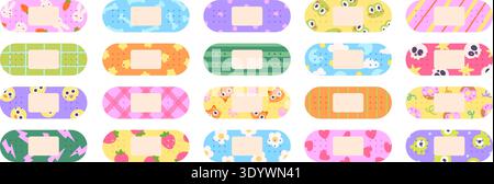 Cartoon children adhesive plaster. Medical plasters with different funny prints. First aid elements, adhesive sterile bandages. Adorable stickers Stock Vector
