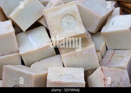 Bunch of traditional saboun baladi soap bars made from olive oil, a natural Lebanese handmade soap known for its purity and heritage. Stock Photo