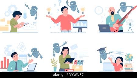Ai help in work. Using artificial intelligence in office, management, study, programming, creative and financial forecasting. Digital helper recent Stock Vector