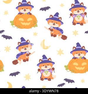 Halloween fox seamless pattern. Funny animal in witch costume with pumpkin and flying on broom. Childish print for textile, wallpaper, racy vector Stock Vector
