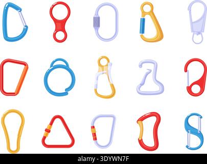 Carabiner climbing. Hook climber, plastic metal clasps for protection and safety. Accessory carabiners for backpack, bags, tools for handmade, nowaday Stock Vector