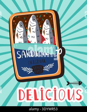 Canned sardines. Colorful seafood vector illustration. Cartoon sticker of Fish can original artwork Stock Vector