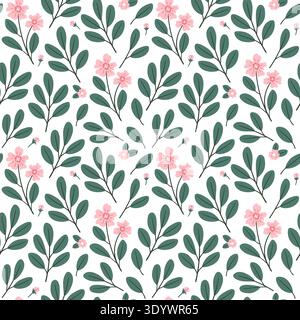 Seamless floral pattern with delicate wild flower and branches. Romantic botanical design with green leaves vector illustration original artwork Stock Vector