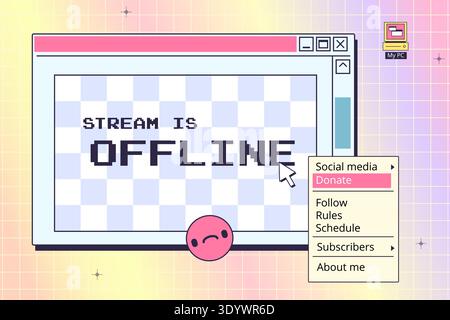 Stream bug. Game streaming offline overlay layot screen, streamer video twitch gamer broadcast retro computer system windows error y2k 90s cartoon background vector illustration original artwork Stock Vector