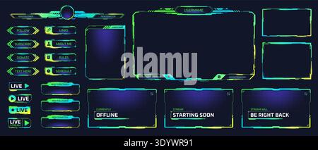 Twitch stream frames. Stream live cyberpunk tech frame, broadcast overlay video screen acid green y2k panels game streamer user ui hud menu digital futuristic vector illustration original artwork Stock Vector