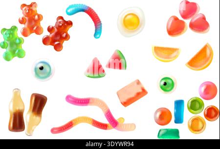 Realistic jelly candy. 3d gummy candies sweet bear fruit cola bottle, soft chewy marmalade worm sugar dessert lollipop bubble gum snack assorted shape, exact vector illustration original artwork Stock Vector