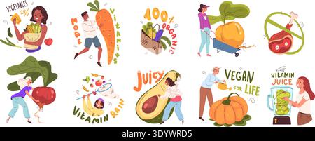Vegan lifestyle characters. Vegetarian people characters healthy green life style, vegetable based food diet cooking zero waste free eco friendly set, classy vector illustration original artwork Stock Vector
