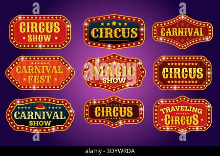 Circus bulb signboards. Carnival marquee retro billboards with text, vintage signage light bulb lamps festival show fair banners lightbox, cartoon set kicky vector illustration original artwork Stock Vector