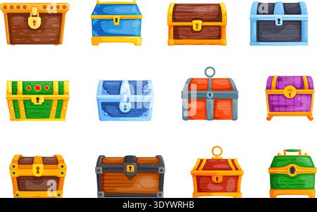 Cartoon treasure chests. Treasures chest, wooden box golden lock jewelry old safe gold trunk wood storage casket blue graphic set icon game interface, kicky vector illustration original artwork Stock Vector