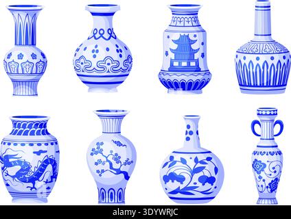 Chinese porcelain vases. China ceramic vase, antique ancient pottery craft jar blue floral oriental traditional decorative vintage asian ornament, qualitative vector illustration original artwork Stock Vector