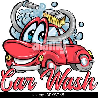 Red car wash cartoon character mascot logo design. vector illustration Stock Vector