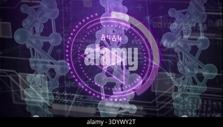 Displaying central molecular helix glowing in virtual 3D dashboard, showing purple HUD 0484 Stock Photo