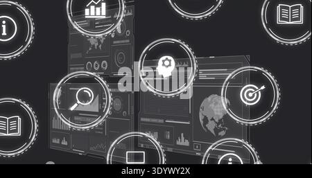 Displaying semi-transparent dashboard panels with charts, HUD rings and icons on dark interface Stock Photo