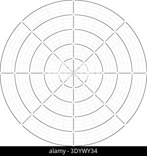 Black line radial dense grid texture with thick segments on white background. FUI science round grid backdrop. Math or technological notebook blank Stock Vector