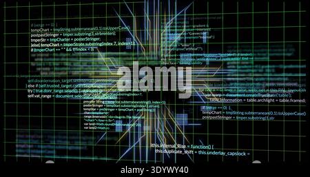 Displaying digital HUD on terminal, showing green grid, code blocks and glowing nodes Stock Photo